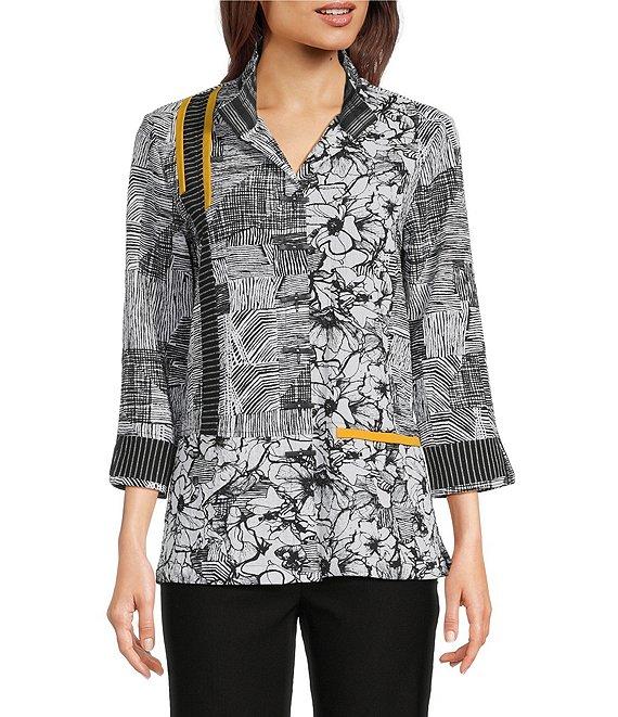 Ali Miles Petite Size Puckered Woven Floral Stripe Print Wire Collar 3/4 Sleeve Contrast Trim Button Front Tunic Product Image