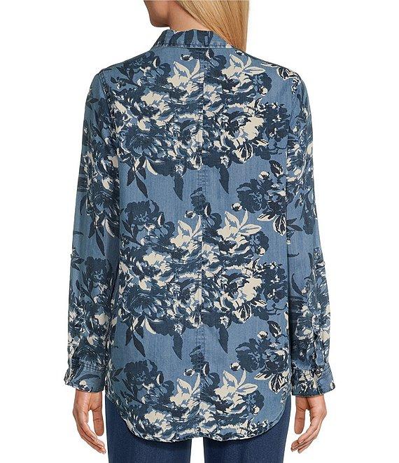 Intro Lyocell Floral Print Collared Long Roll-Tab Sleeve Snap Front Shirt Product Image