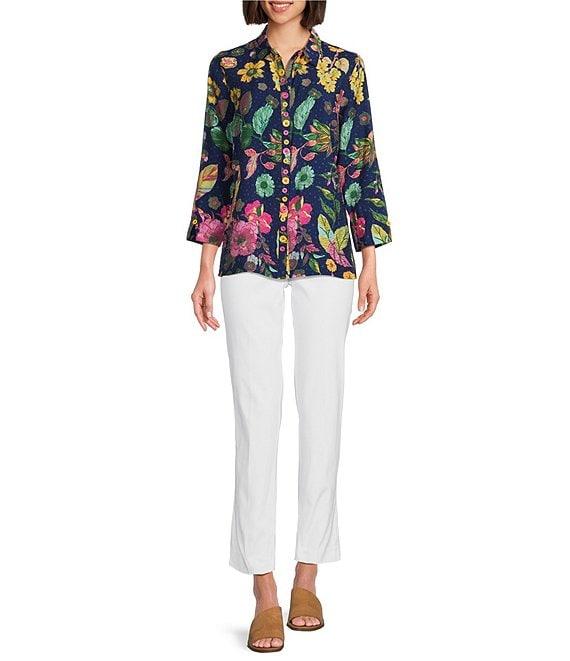 Ali Miles Tropical Printed Crinkle Point Collar 3/4 Sleeve Button Front Tunic Product Image
