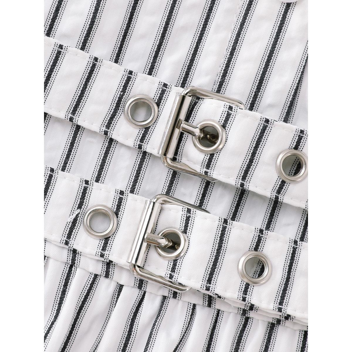 Plus Size Striped Tab Sleeve Double Belt Midi Shirt Dress Black Women Office Shirt collar Elbow-length sleeve Curvy BloomChic 28/5X Product Image