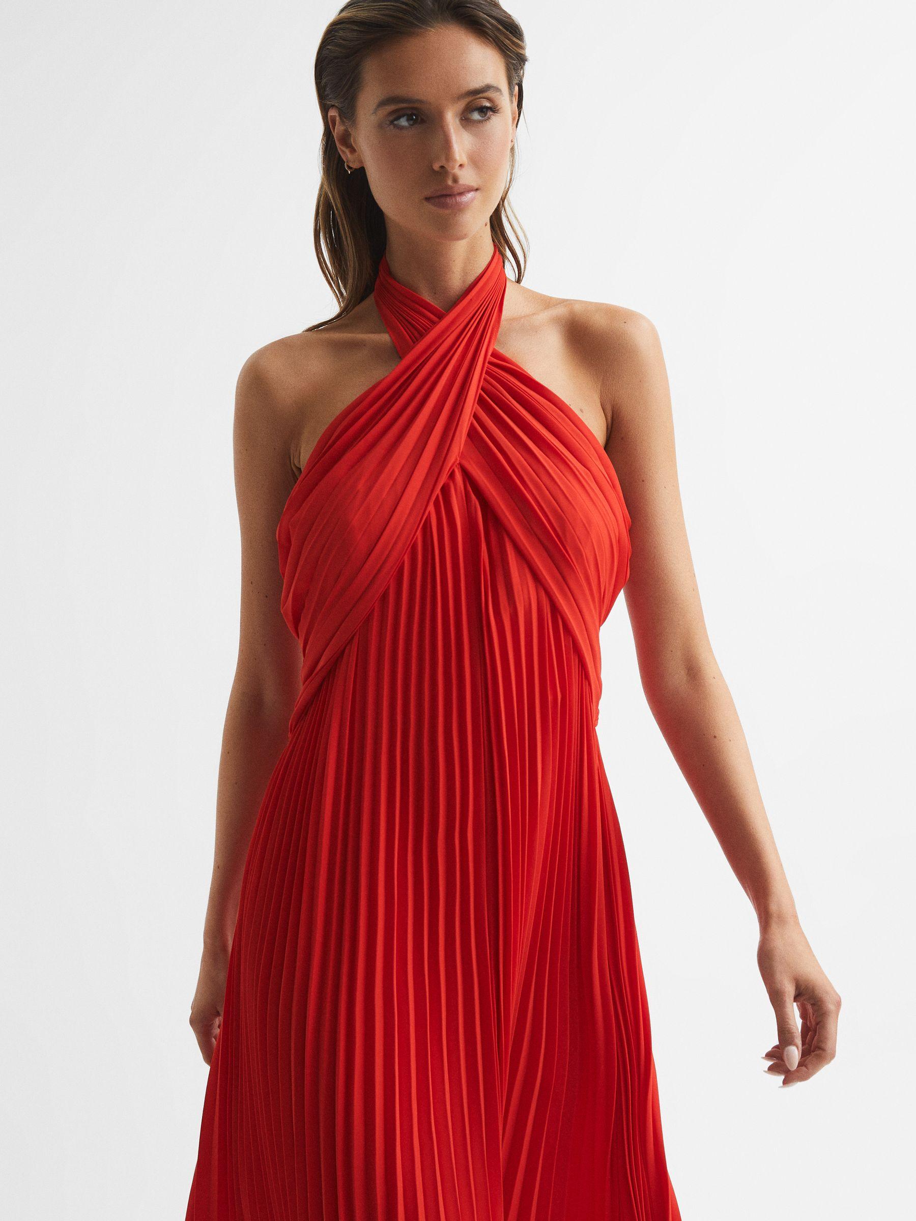 Halter Neck Pleat Midi Dress in Red Product Image