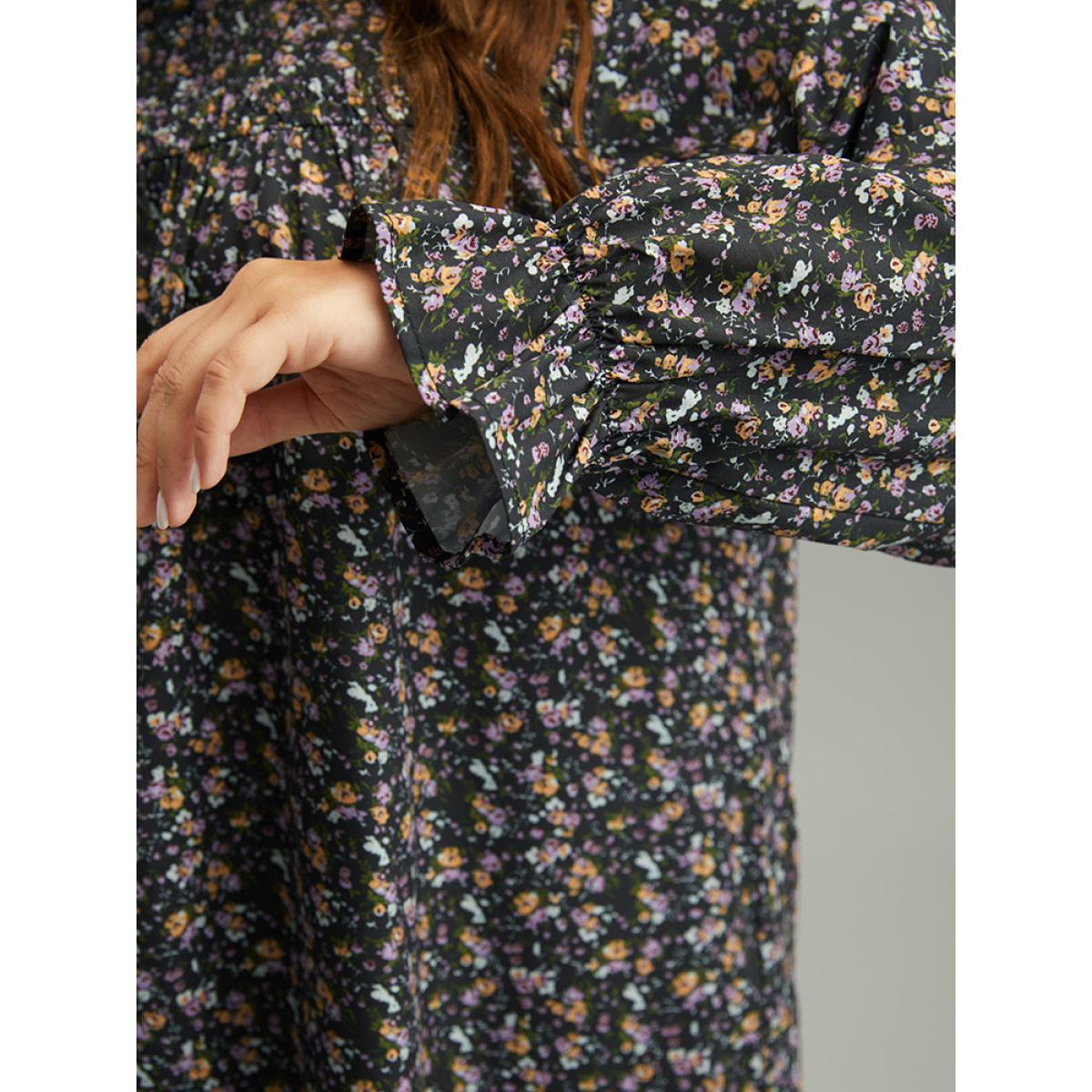 Plus Size Black Ditsy Floral Stand Collar Pleated Blouse Women Elegant Long Sleeve Stand-up collar Dailywear Blouses BloomChic 18-20/2X Product Image