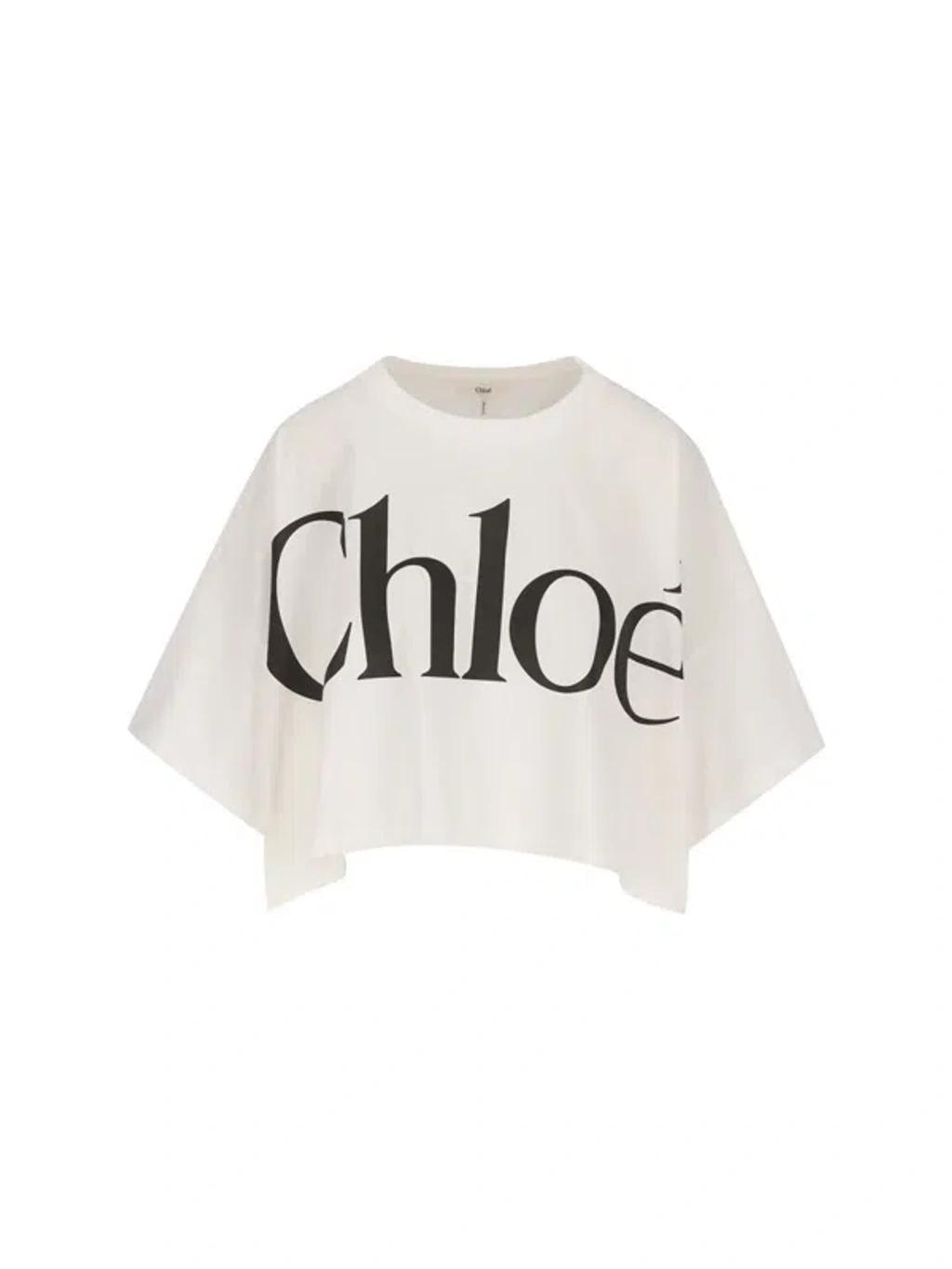 CHLOÉ White Cropped Crewneck T-shirt With Maxi Logo Print On The Front In Cotton Woman In Multicolor Product Image
