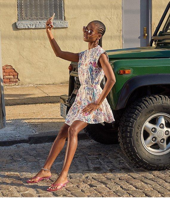 Steve Madden Faith Floral Printed Banded Collar Cap Sleeve Cotton Voile Tiered Mini Dress Product Image