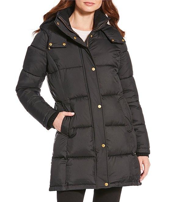 Donna Karan Rib Knit Stand Collar Hooded Snap Front Puffer Coat Product Image