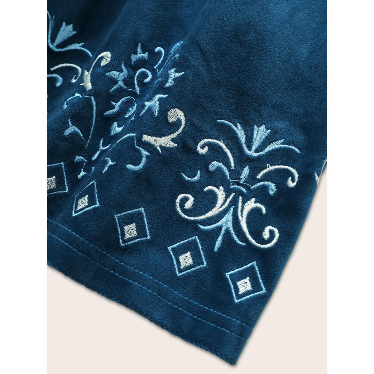 Plus Size Indigo Velvet Contrast Embroidered Tassels Ties Blouse Women Resort Elbow-length sleeve Tie Neck Vacation Blouses BloomChic 18-20/2X Product Image