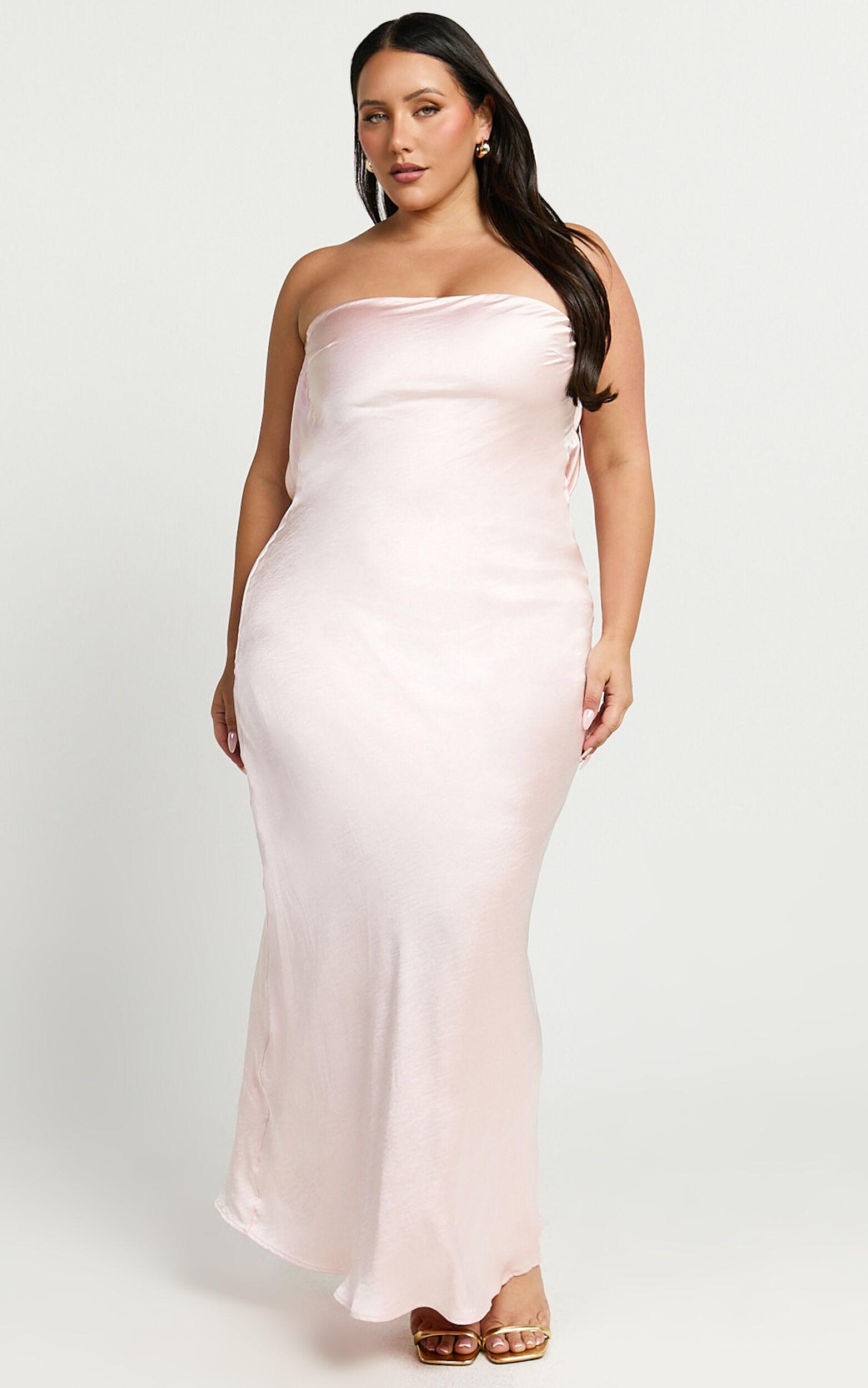 Charlita Maxi Dress - Strapless Cowl Back Satin Dress in Pale Pink Product Image