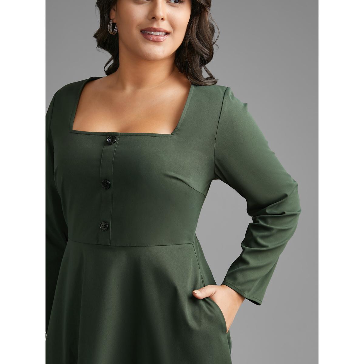 Plus Size Square Neck Plain Button Detail Dress DarkGreen Women At the Office Button Square Neck Long Sleeve Curvy BloomChic 10/M Product Image