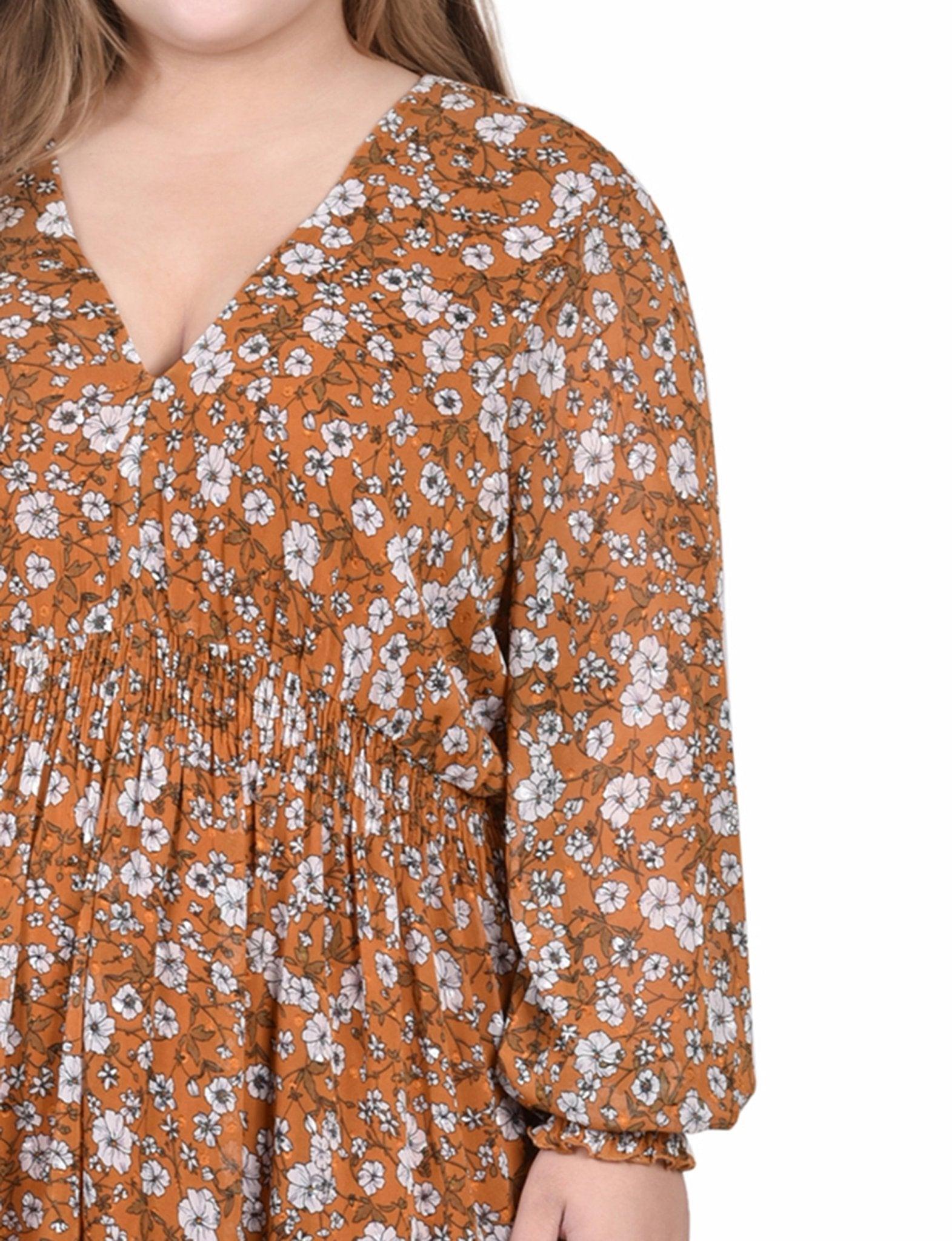 Mustard Floral Long Sleeve Clip Dot Chiffon Dress With Smocked Waist and Cuffs - Plus Product Image