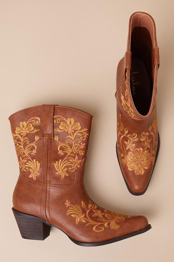 Birgitta Brown Embroidered Western Ankle Boots Product Image