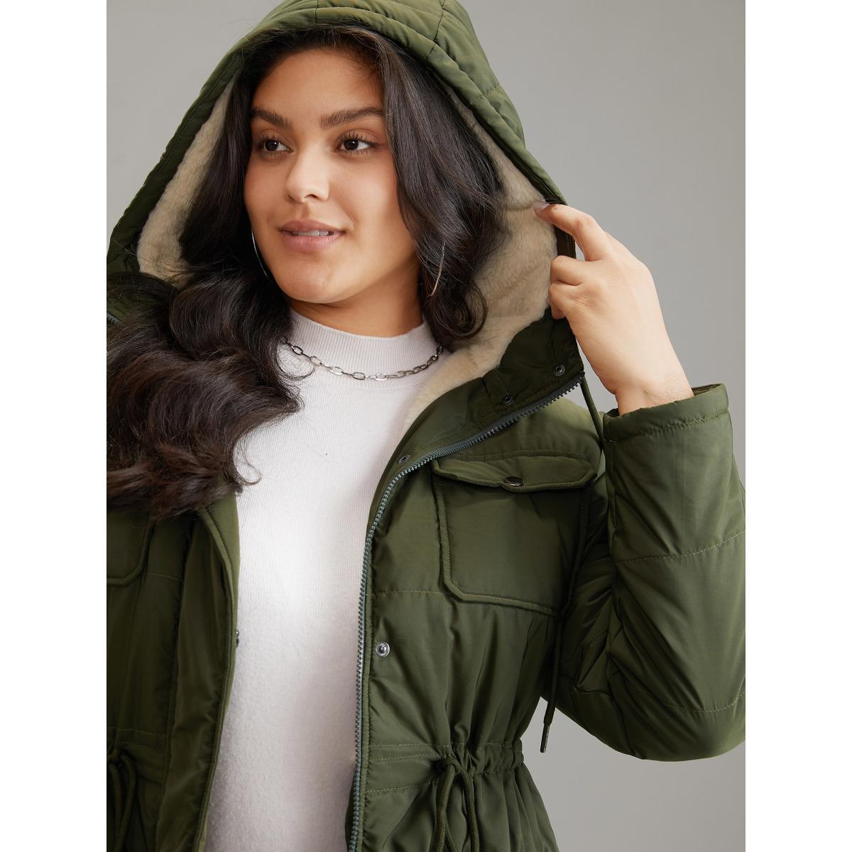 Plus Size Solid Drawstring Patchwork Fluffy Hooded Padded Coat Women ArmyGreen Casual Lined Ladies Dailywear Winter Coats BloomChic 10/M Product Image