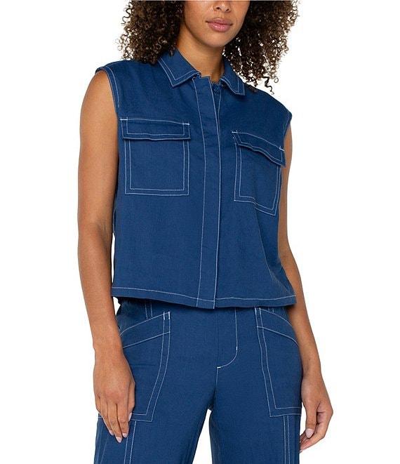 Liverpool Los Angeles Stretch Linen Blend Point Collar Sleeveless Cargo Shirt Product Image