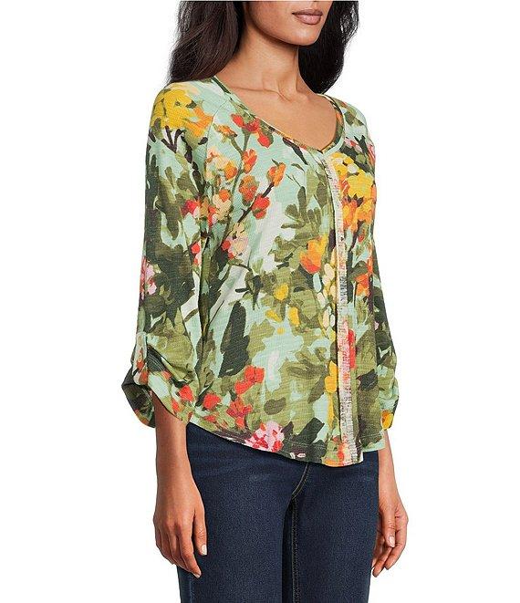 Westbound Knit Beryl Green Wild Bouquet 3/4 Bell Sleeve V-Neck Top Product Image