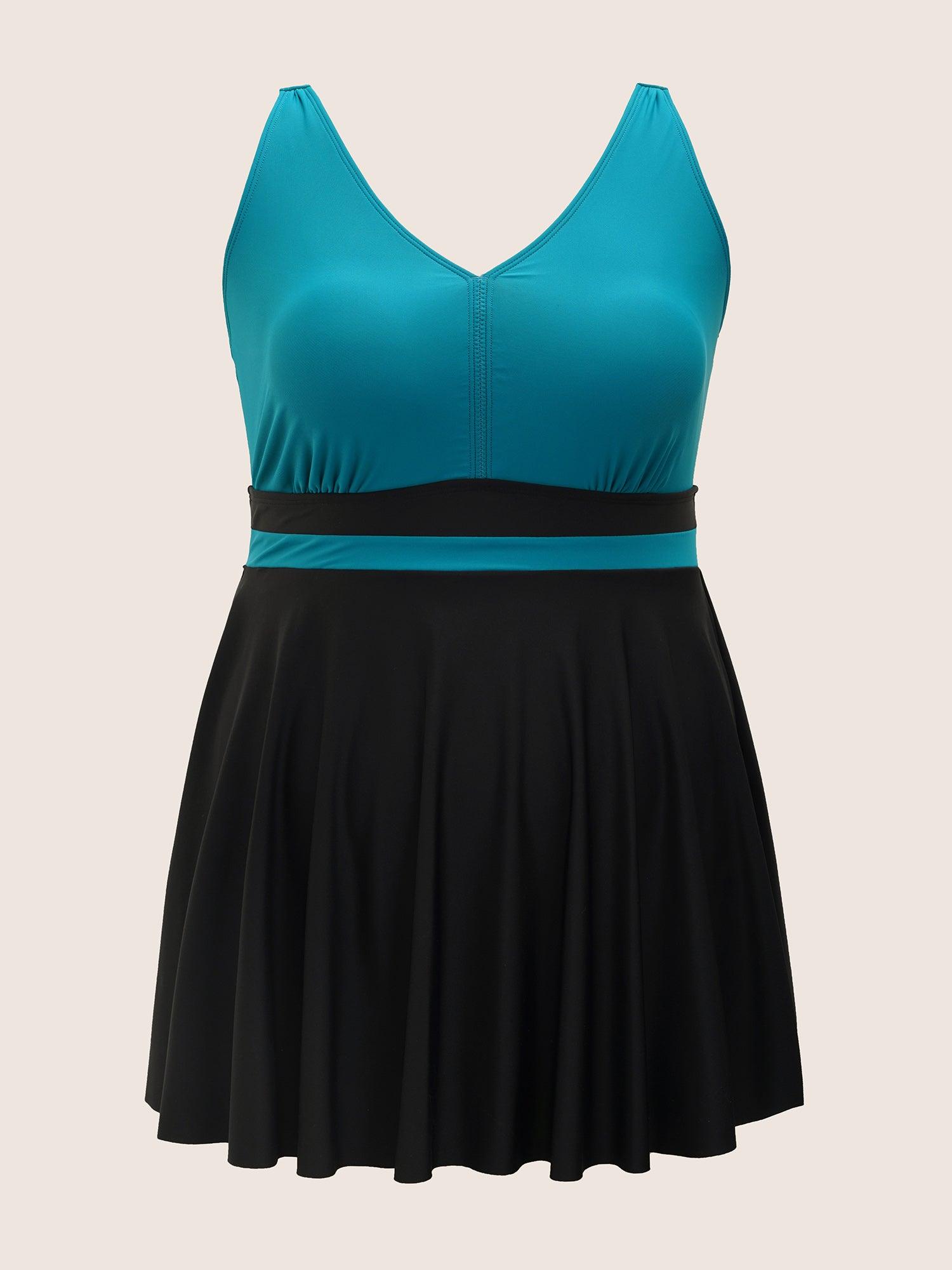 V Neck Two Tone Patchwork Swim Dress Female Product Image