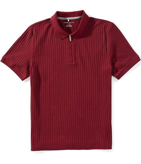 Perry Ellis Ribbed Quarter-Zip Short Sleeve Polo Shirt Product Image