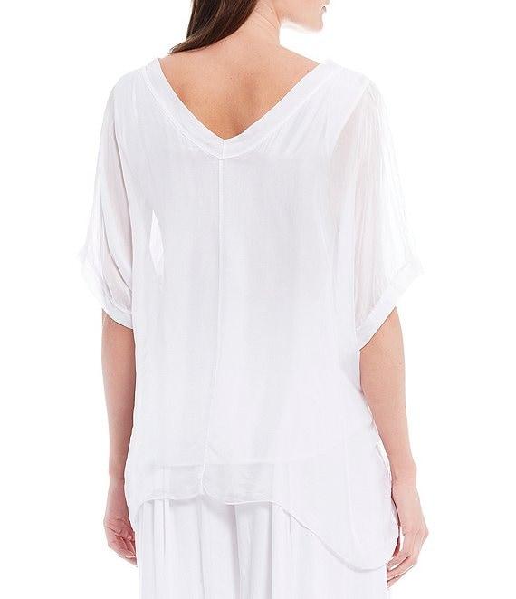 M Made in Italy V-Neck Sheer Sleeve Coordinating Sharkbite Hem Silky Woven Top Product Image