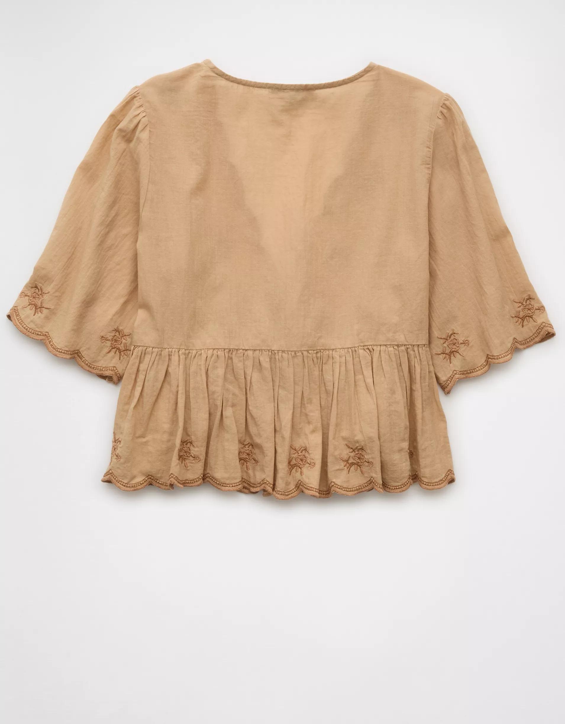 AE Embroidered Tie Front V-Neck Blouse Product Image