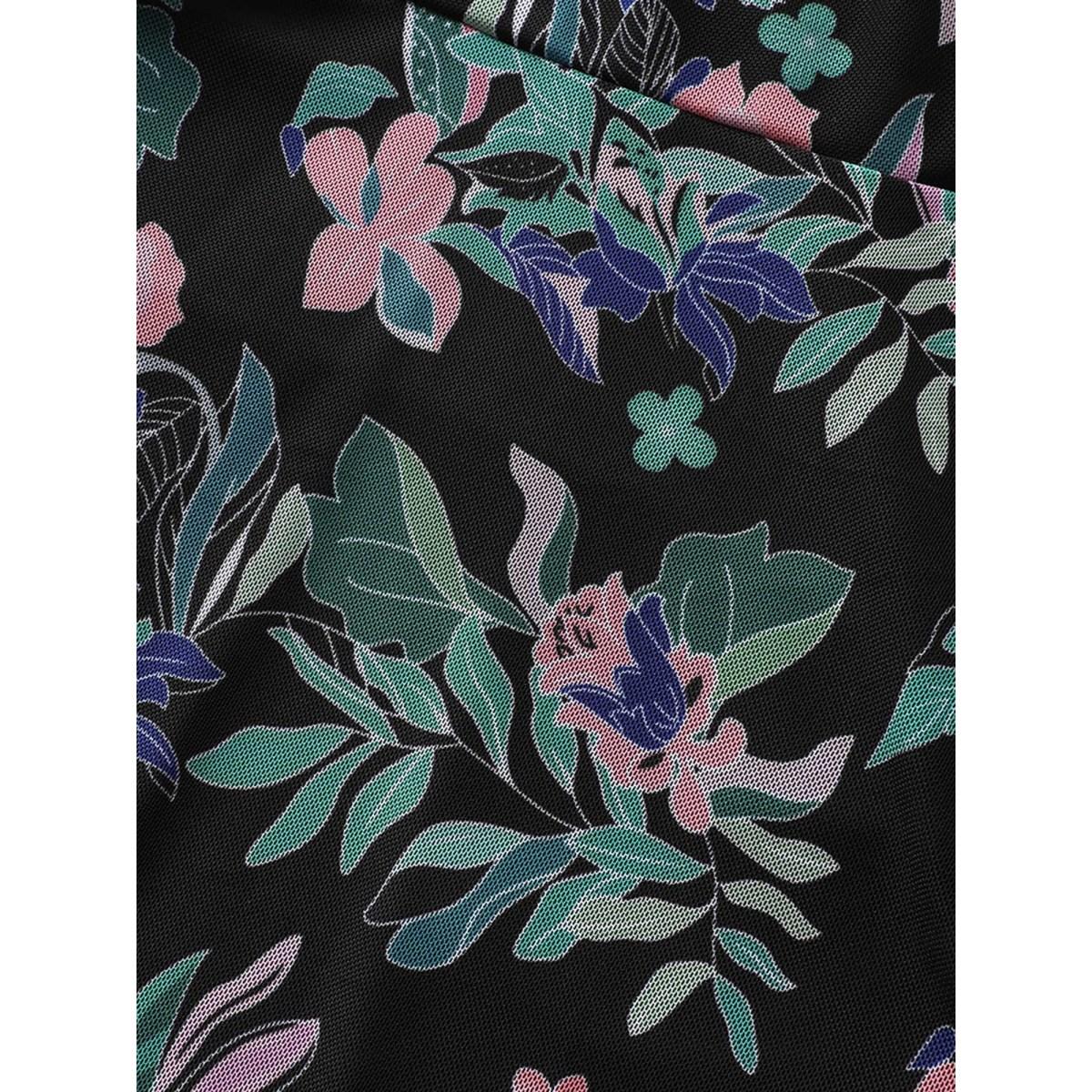 Plus Size U Neck Tropical Print See Through Swim Dress Women's Swimwear Black Beach Bodycon U-neck High stretch Curve Swim Dresses BloomChic 22-24/3X Product Image