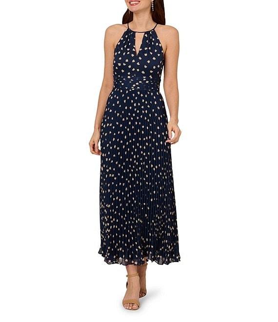 Adrianna Papell Chiffon Dotted Print Keyhole Halter Neck Sleeveless A-Line Maxi Dress Product Image