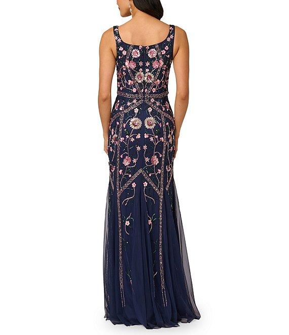 Adrianna Papell Beaded Mesh Floral Godet Gown Product Image