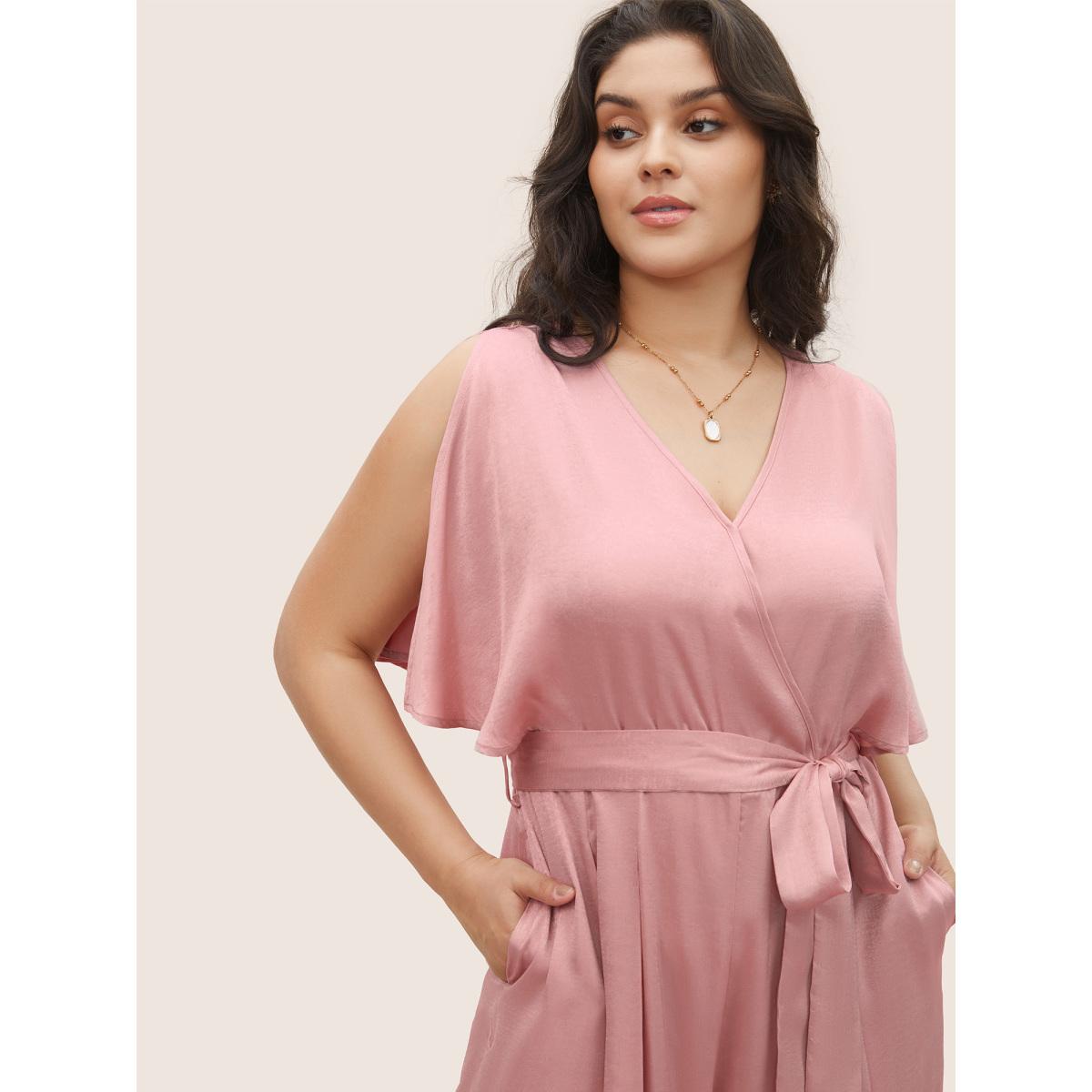 Plus Size Rouge Plain Wrap Pleated Sleeveless Jumpsuit Women Elegant Sleeveless Overlap Collar Everyday Loose Jumpsuits BloomChic 12/L Product Image
