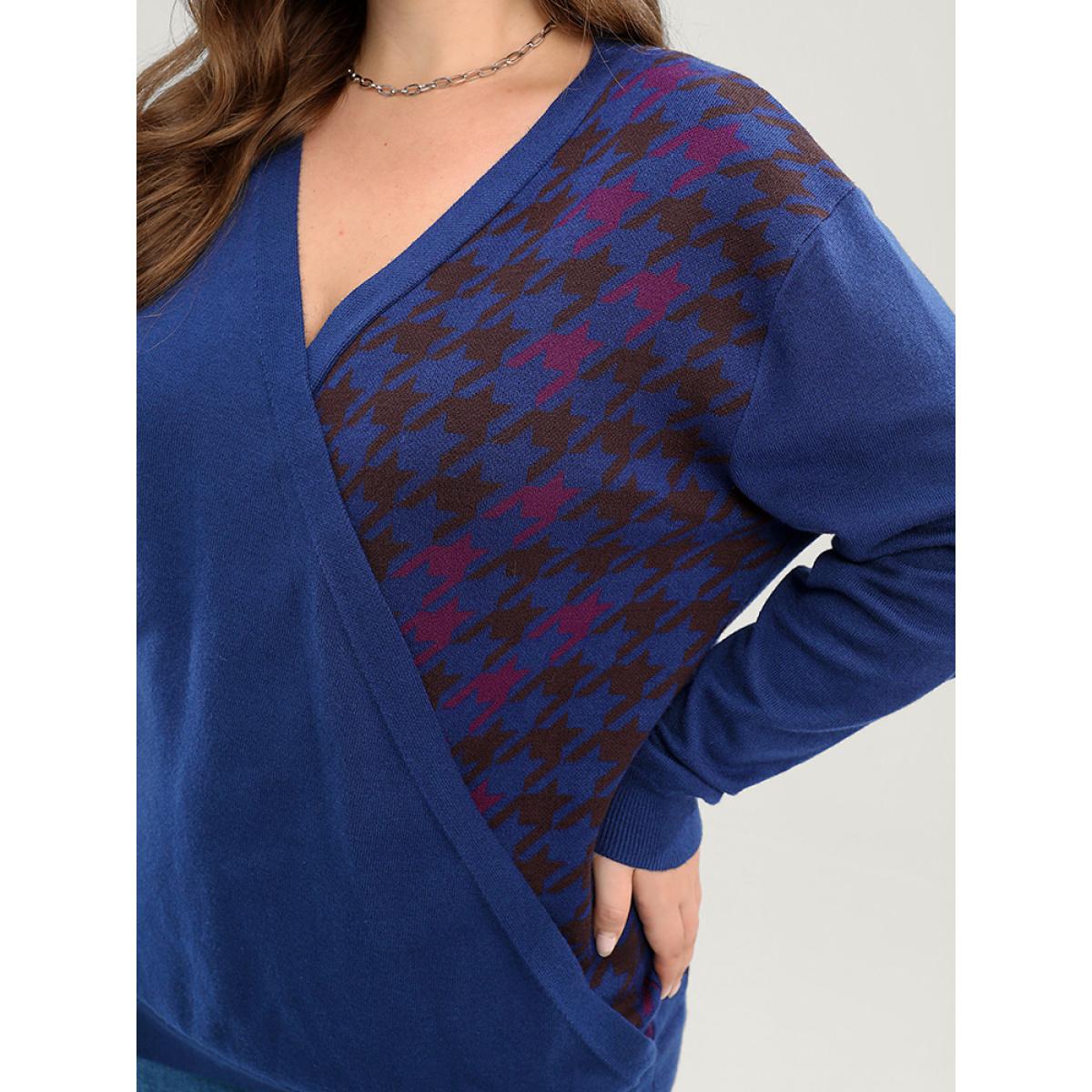 Plus Size Houndstooth Contrast Super Soft Knit Jacquard Wrap Knit Top Blue Women Elegant Loose Long Sleeve Deep V-neck Dailywear Pullovers BloomChic 18-20/2X Product Image