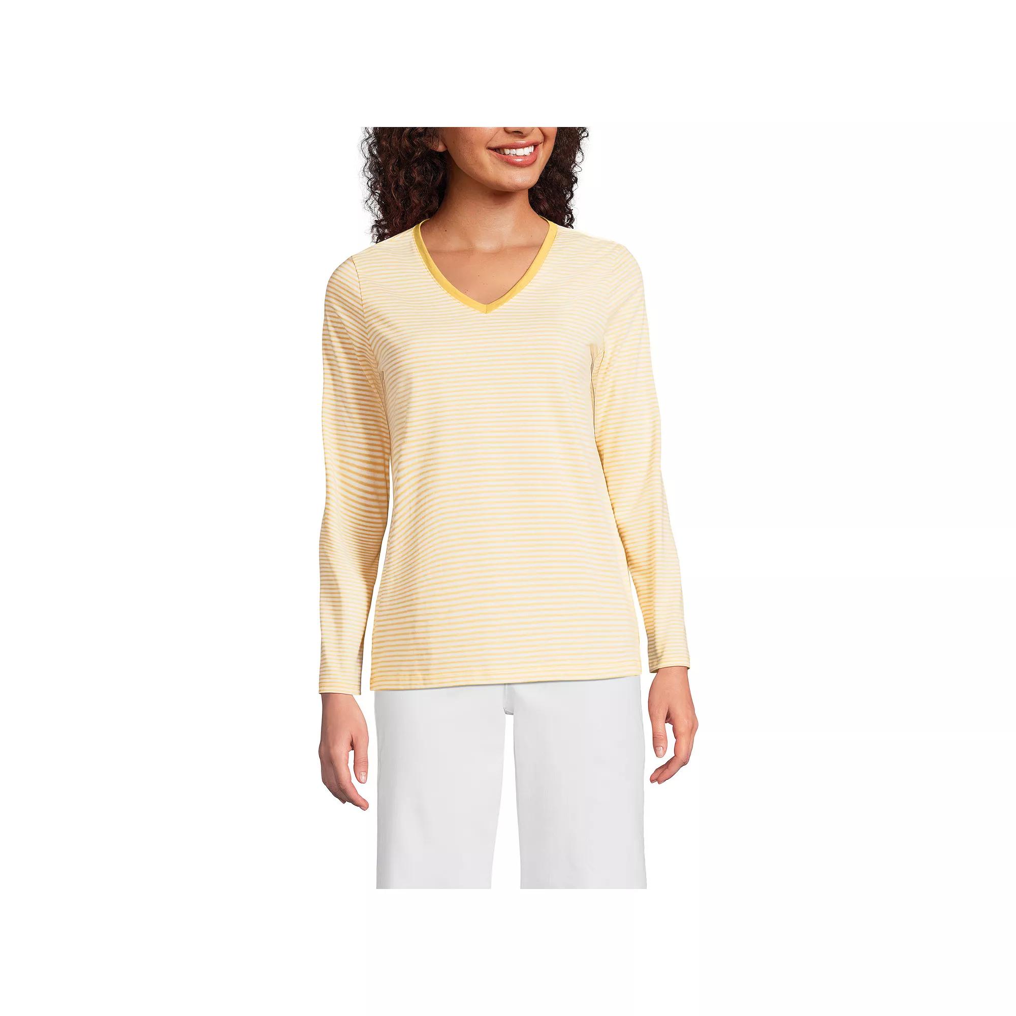 Women's Lands' End Relaxed-Fit Supima Long Sleeve Cotton V-Neck Tee, Size: Medium, Simply Yellow Stripe Product Image