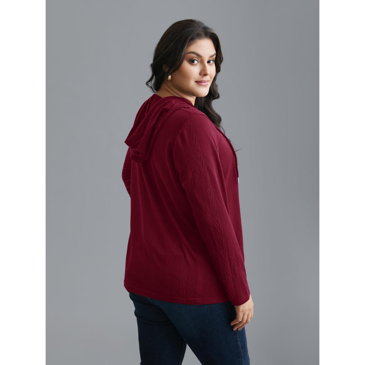Plus Size Neck Cut-Out Elastic Textured Hoodie Women Burgundy Elegant Texture Bodycon Hooded Everyday Sweatshirts BloomChic 10/M Product Image