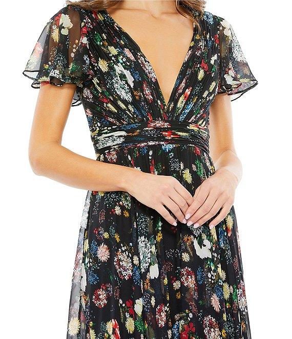 Mac Duggal Floral Print Short Flutter Sleeve Plunge V-Neck Pleated Tiered A-Line Gown Product Image