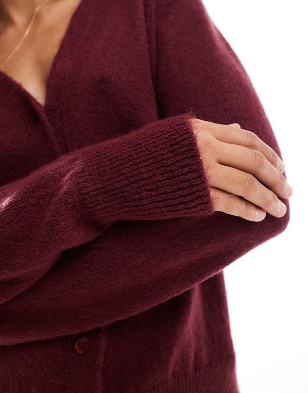 ASOS DESIGN oversized V-neck cardigan in burgundy Product Image