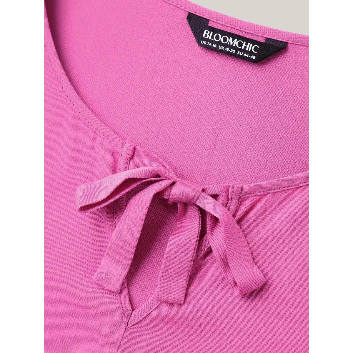 Plus Size Peach Bow Detail Plain Babydoll Puff Sleeve Shirt Women Short sleeve Round Neck Everyday-Elegant Blouses BloomChic 18-20/2X Product Image