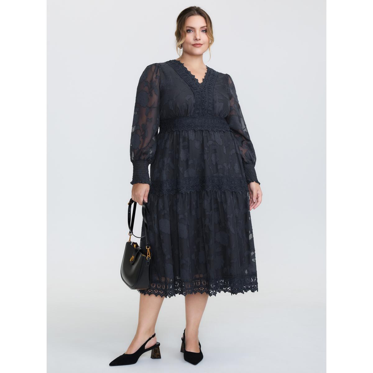 Plus Size Lace Textured Pleated Waist Tiered Midi Dress Indigo Women Romantic See through V-neck Long Sleeve Curvy BloomChic 28/5X Product Image