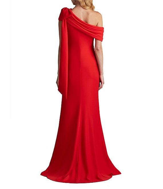 Tadashi Shoji Draped One Shoulder Bow Detail Crepe Sheath Gown Product Image