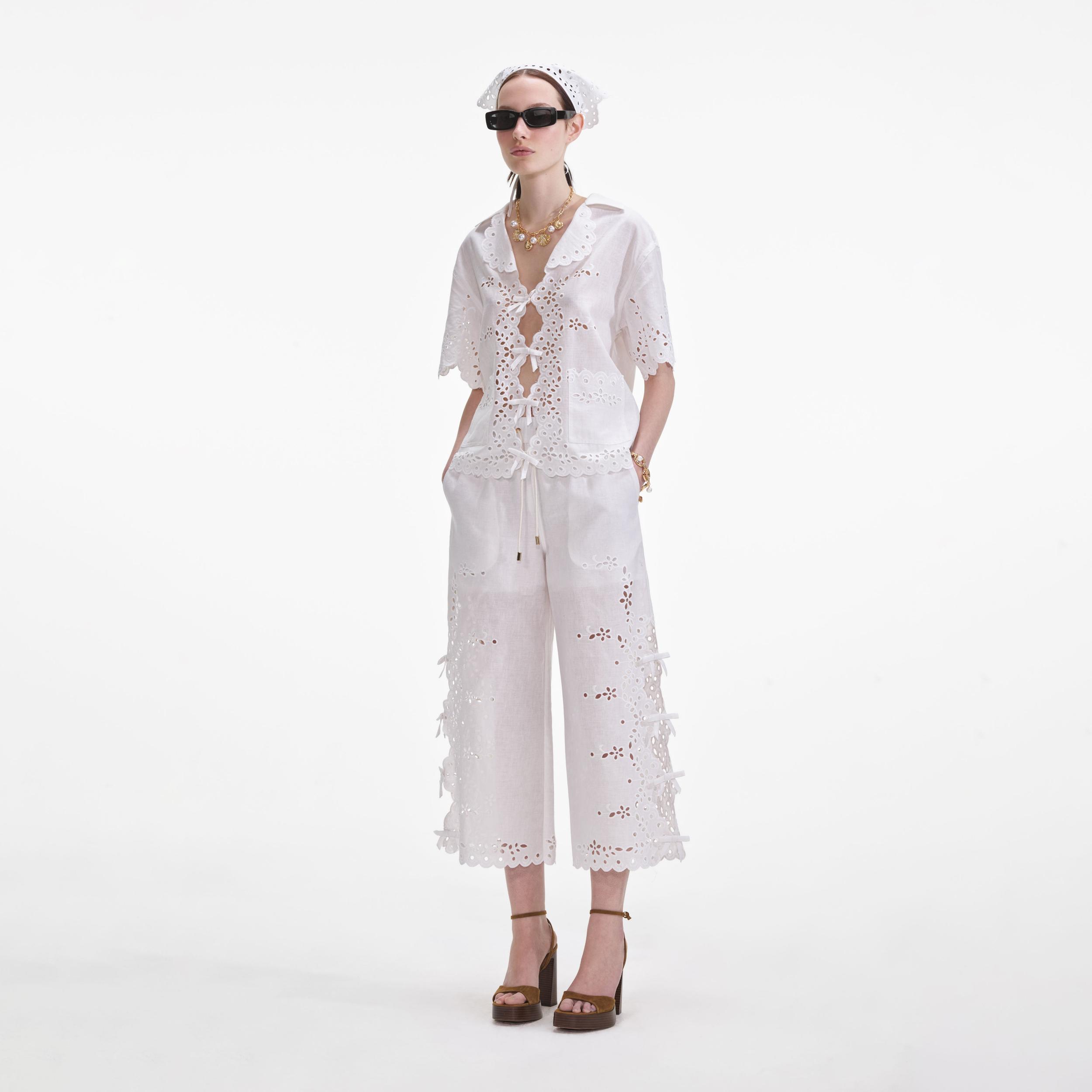 Cream Linen Embroidered Trousers Product Image