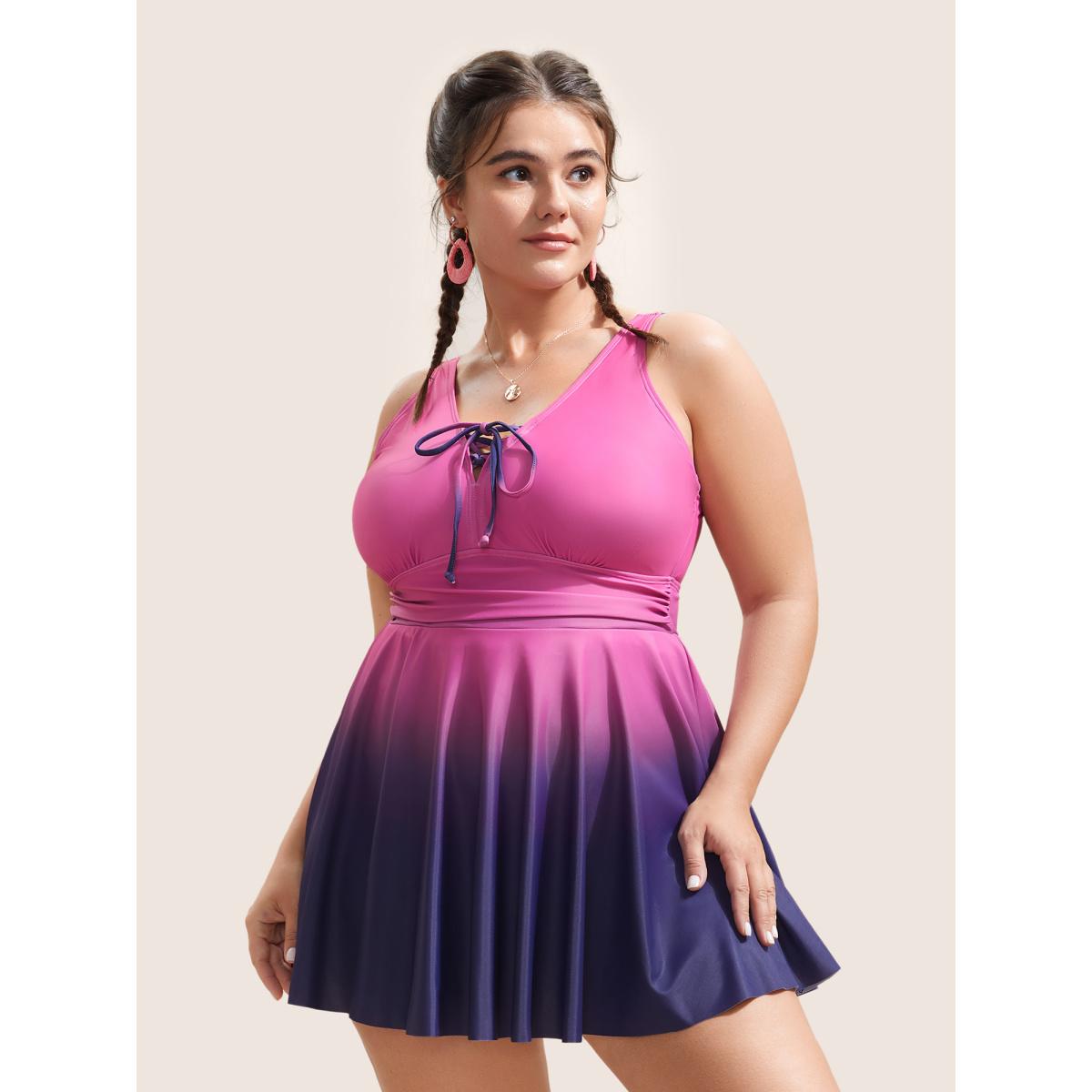 Plus Size Ombre Contrast Ruched Lace Up Swim Dress Women's Swimwear RedViolet Beach Bodycon V-neck High stretch Curve Swim Dresses BloomChic 18-20/2X Product Image