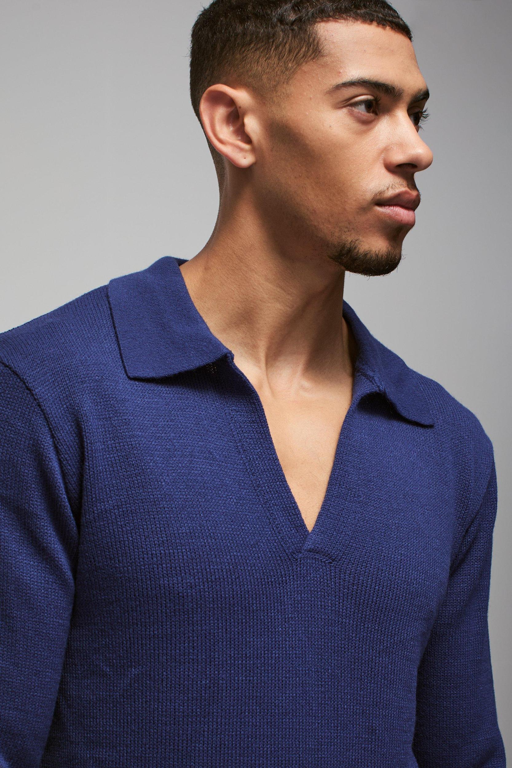Regular Deep V Revere Collar Knitted Long Sleeve Polo | boohooMAN USA Product Image