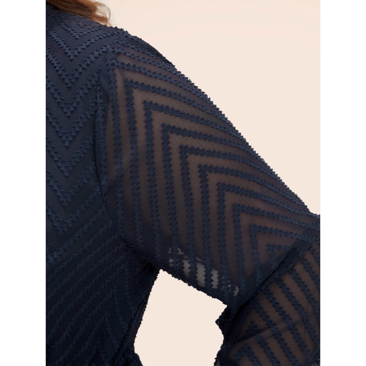 Plus Size Solid Geometric Pocket Mesh Lantern Sleeve Belted Dress Navy Women Office Pocket Flat collar with V-notch Short sleeve Curvy Midi Dress BloomChic 22-24/3X Product Image