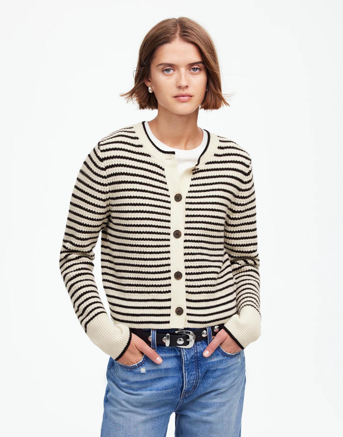 Waffle-Knit Wool Cardigan in Stripe Product Image