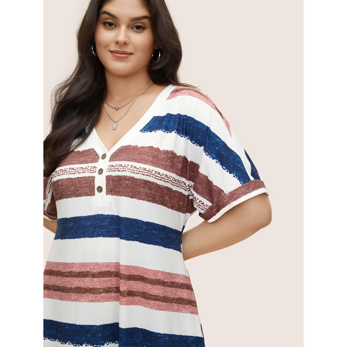 Plus Size Contrast Striped Button Detail Pocket Dress Multicolor Women Casual Non V-neck Short sleeve Curvy Midi Dress BloomChic 10/M Product Image