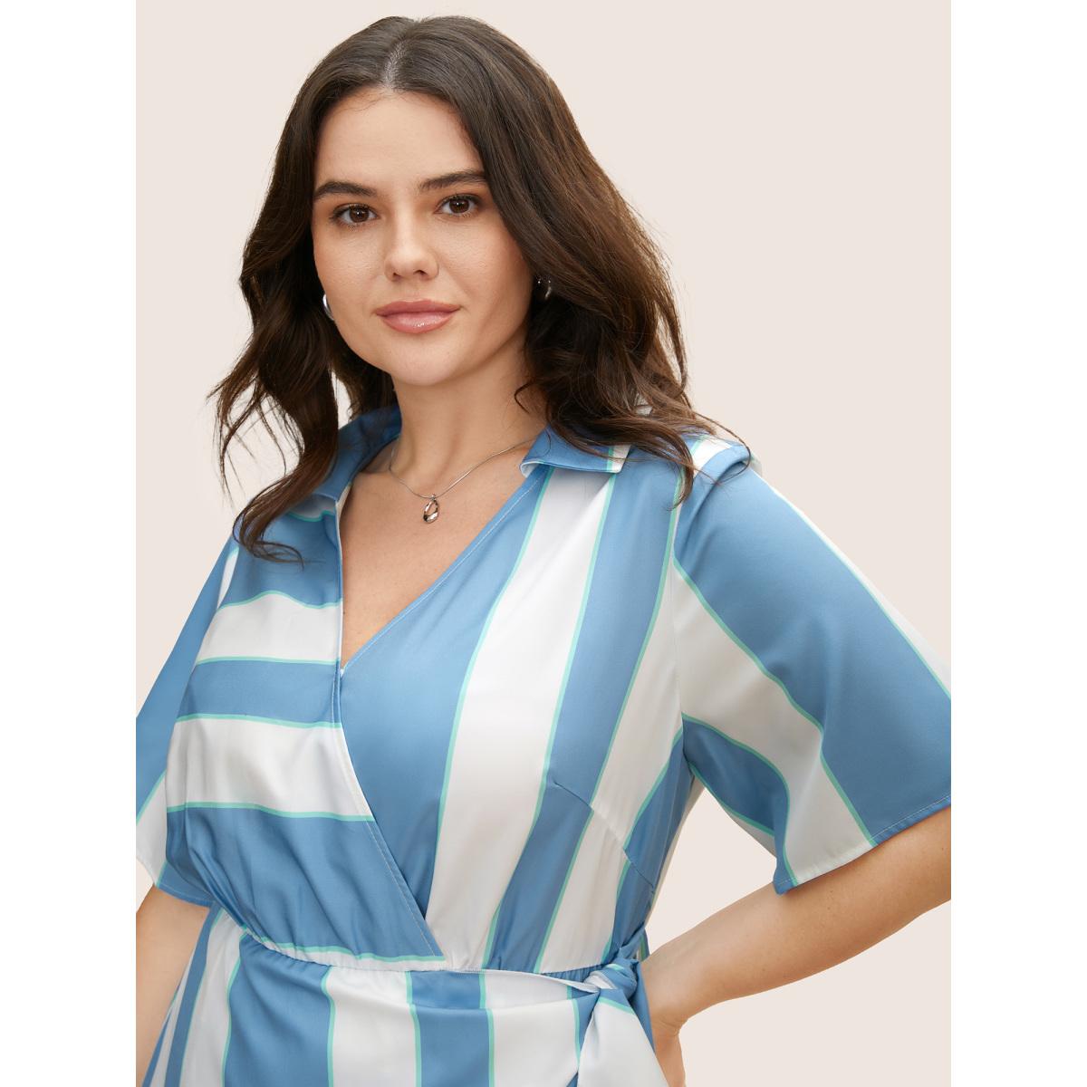 Plus Size Geometric Surplice Neck Tie Knot Midi Dress Stone Women At the Office Tie knot Shirt collar Short sleeve Curvy BloomChic 12/L Product Image