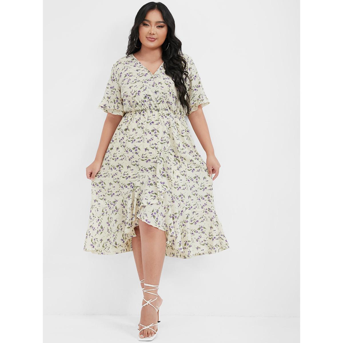 Plus Size Ditsy Floral Arc Hem Ruffled Wrap Dress Apricot Women Elegant Printed V-neck Short sleeve Curvy Midi Dress BloomChic 14-16/1X Product Image