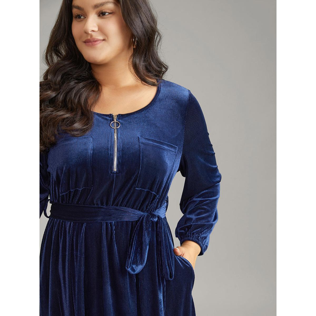 Plus Size Plain Half Zip Belted Pocket Corduroy Dress Indigo Women Office Velvet Round Neck Long Sleeve Curvy Midi Dress BloomChic 18-20/2X Product Image