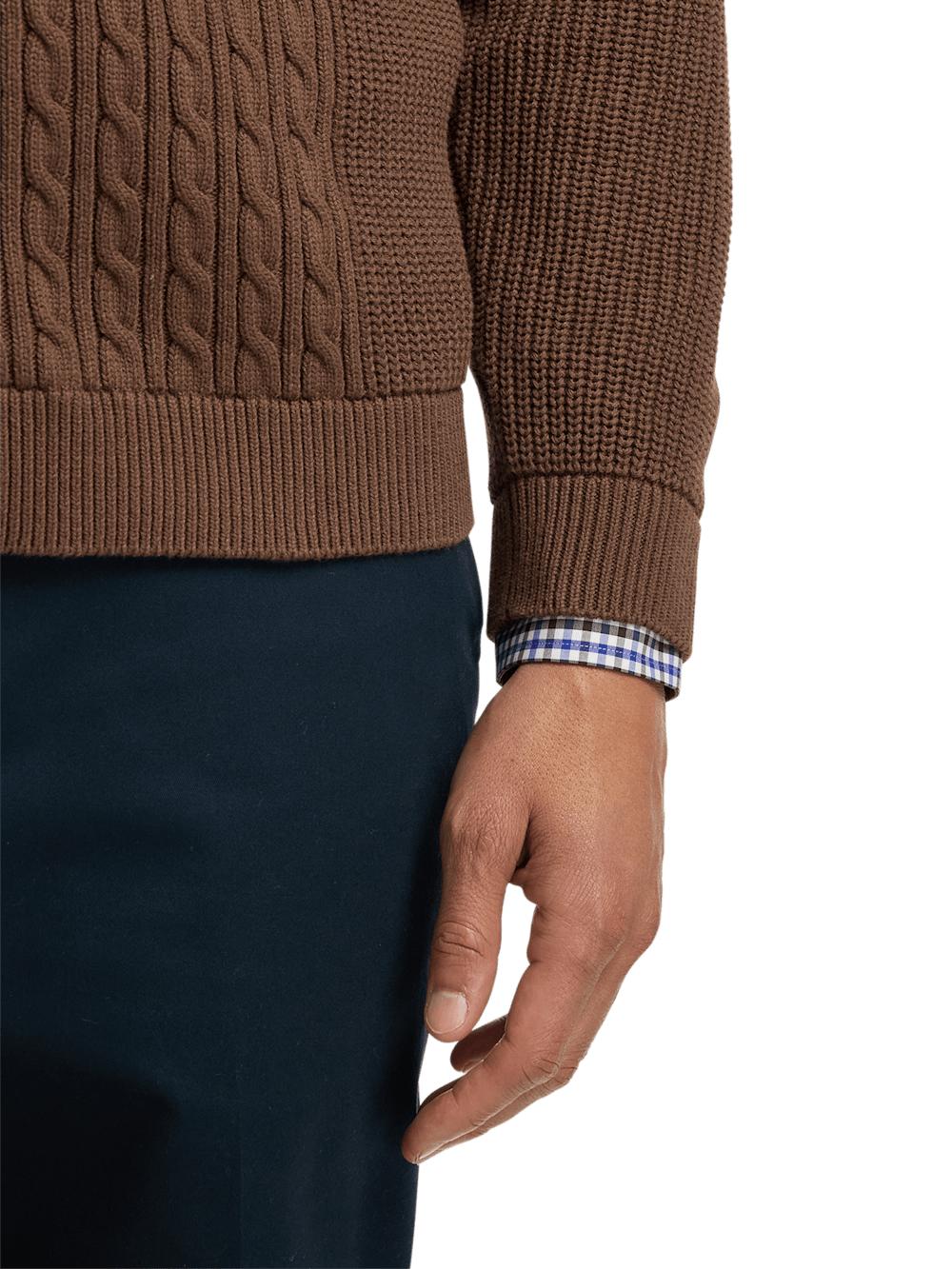 Cotton Cable Button Front Shawl Collar Cardigan - Brown Product Image