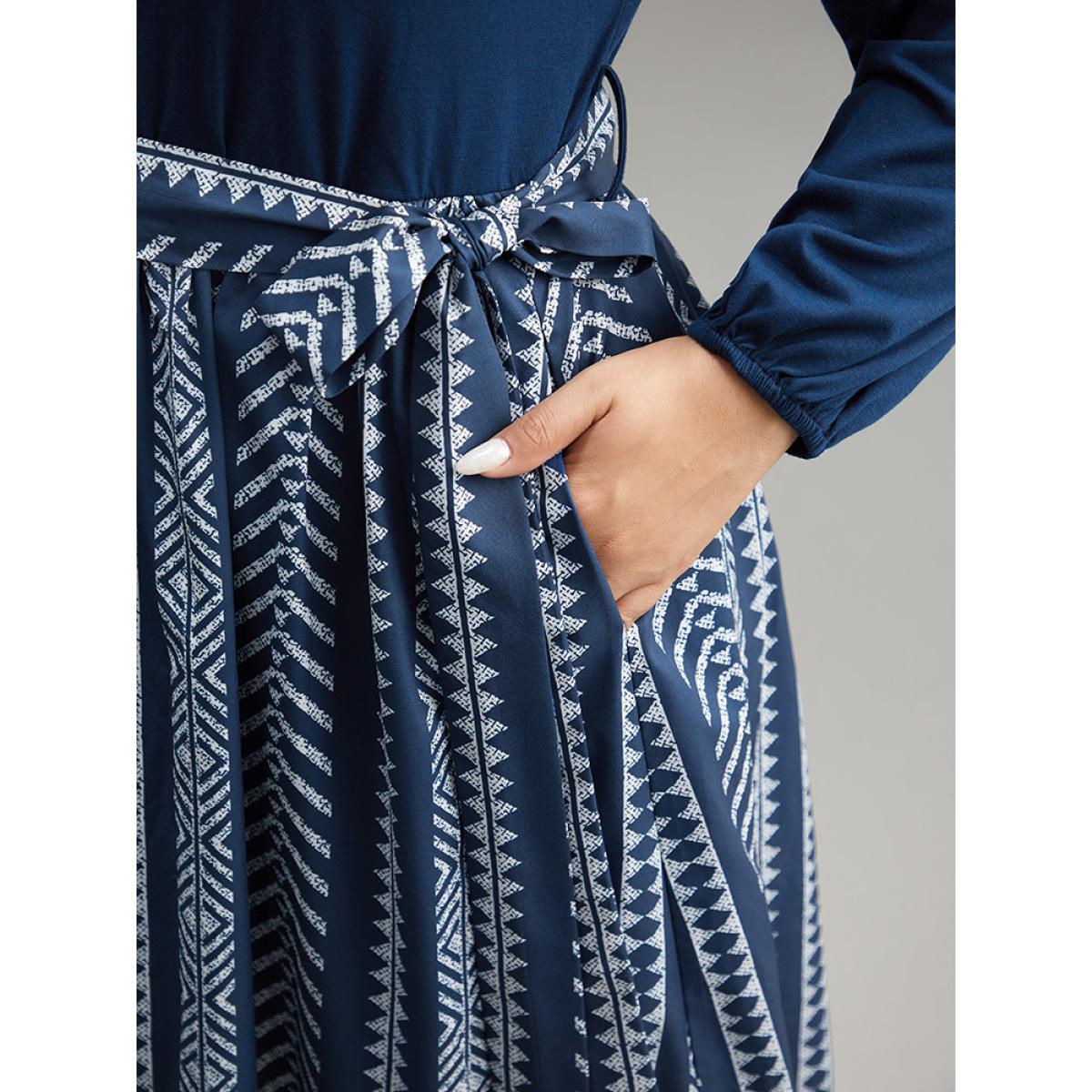 Plus Size Bandana Striped Patchwork Pocket Belted Dress Indigo Women Vacation Belted Round Neck Long Sleeve Curvy Midi Dress BloomChic 22-24/3X Product Image