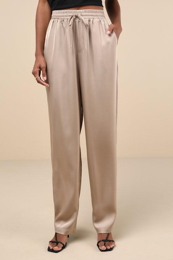 Exceptional Edge Taupe Satin High-Rise Drawstring Pants Product Image