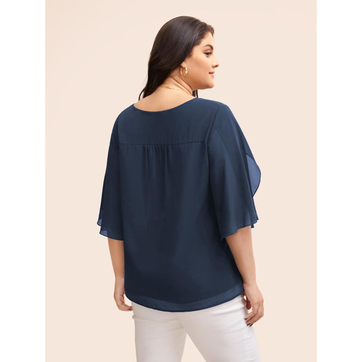 Plus Size Indigo Chiffon Gathered Petal Sleeve Blouse Women Elegant Elbow-length sleeve V-neck Everyday Blouses BloomChic 28/5X Product Image
