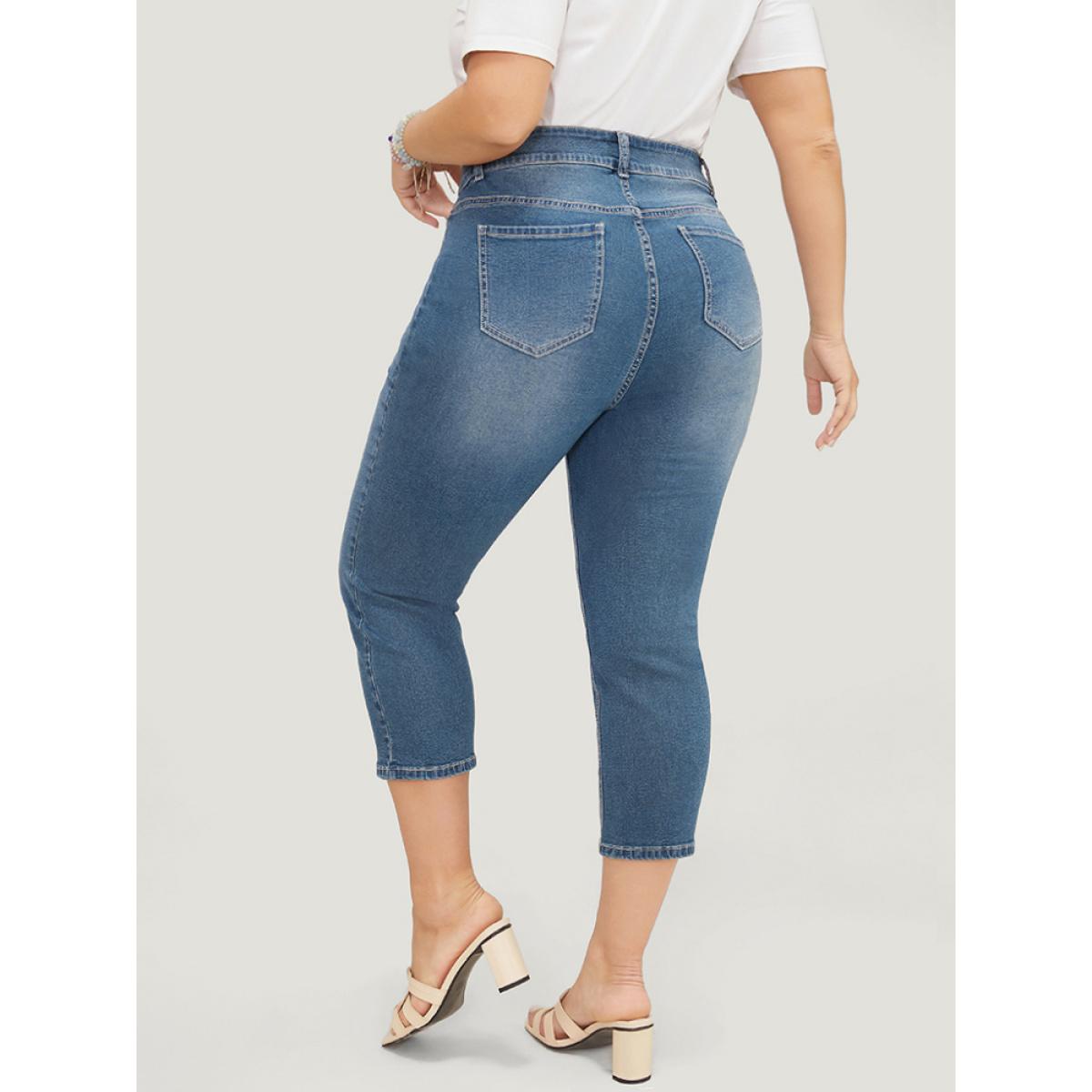 Plus Size Skinny Very Stretchy High Rise Medium Wash Cropped Jeans Women Indigo Casual Plain High stretch Side seam pocket Jeans BloomChic 20/2X Product Image