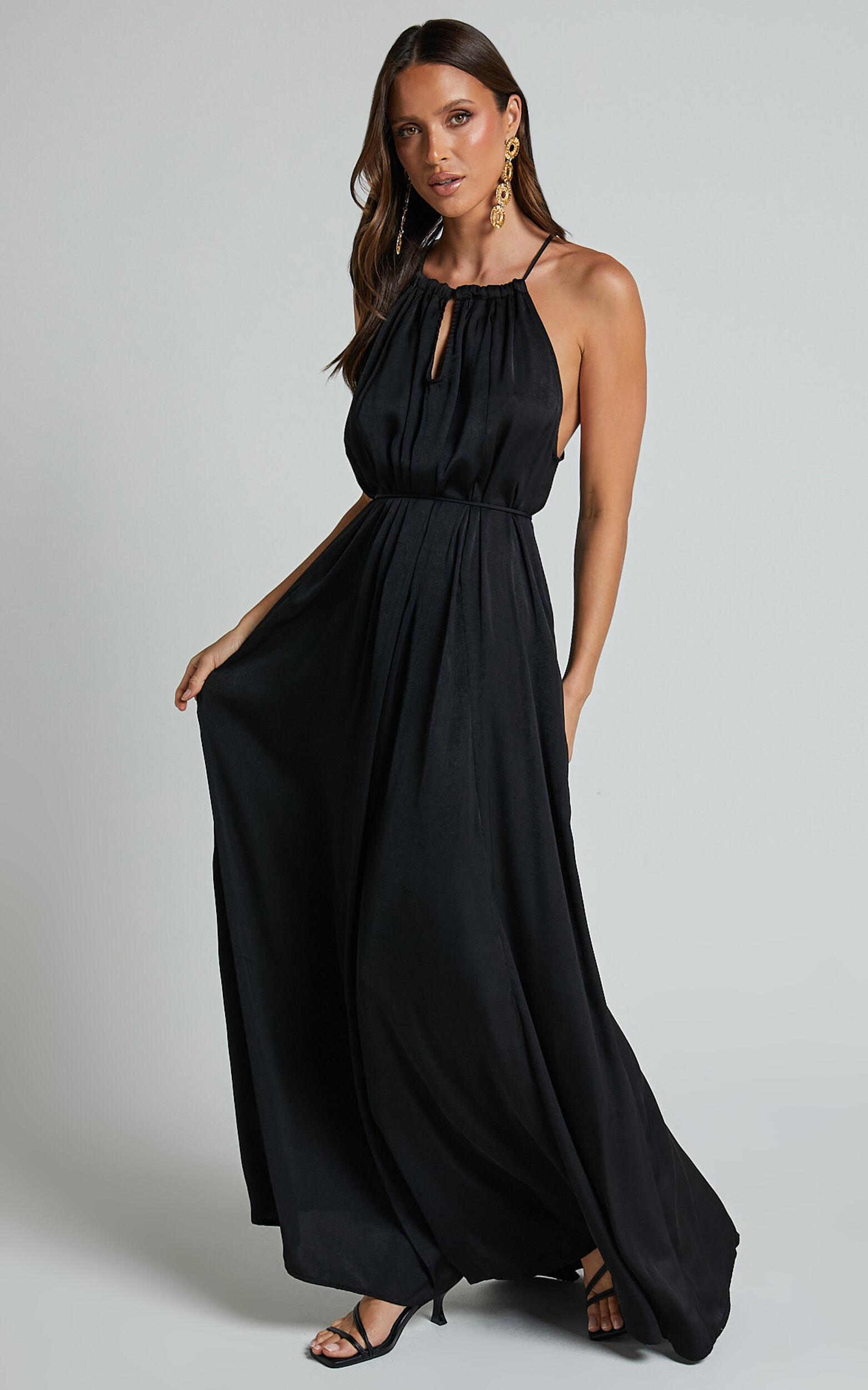 Aliciana Maxi Dress - Halter Neck Tie Back Dress in Black Product Image