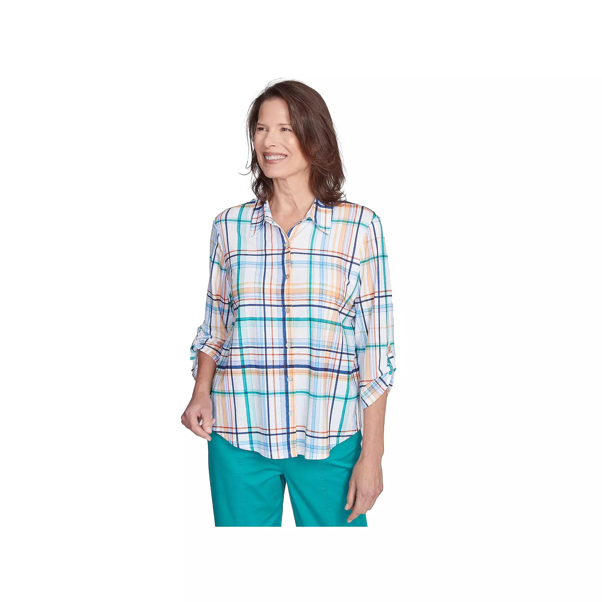 Women's Alfred Dunner Plaid Knit Button Front Top, Size: Large, Marine Team Product Image