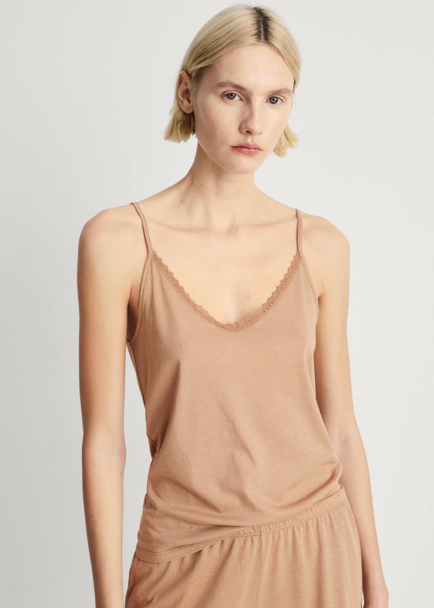 Cotton pajama top with lace contrast - Women | MANGO USA Product Image